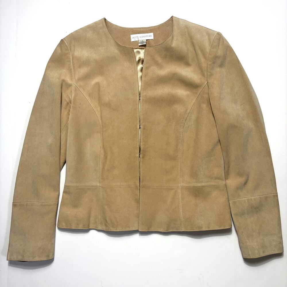 Vintage Petite Sophisticate 100% Suede Leather Fitted Jacket Tan M